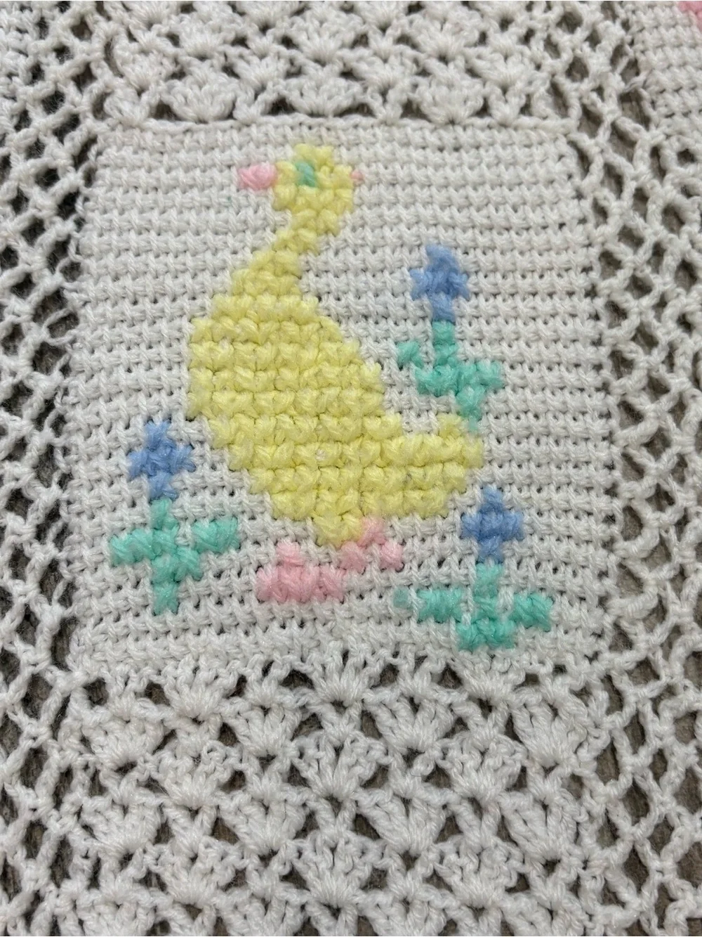 Vintage Handmade Animal Crochet Baby Blanket Cross Stitch 28x38” Unisex Pastel‎